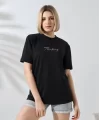 Unisex Bisiklet Yaka Baskılı Slim Fit T-Shirt - Siyah