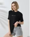 Unisex Bisiklet Yaka Baskılı Slim Fit T-Shirt - Siyah