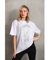 Unisex Taş Desenli Oversize T-Shirt - Beyaz