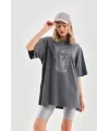 Unisex Taş Desenli Oversize T-Shirt - Füme