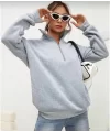 Unisex Uzun Kol Yarım Farmuarlı Yakalı Basic SweatShirt - Gri