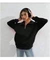 Unisex Uzun Kol Yarım Farmuarlı Yakalı Basic SweatShirt - Siyah