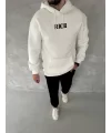 Uzun Kol Kapşonlu Göğüs Baskılı SweatShirt - Beyaz