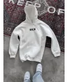 Uzun Kol Kapşonlu Göğüs Baskılı SweatShirt - Beyaz