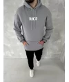 Uzun Kol Kapşonlu Göğüs Baskılı SweatShirt - Gri