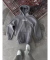 Uzun Kol Kapşonlu Göğüs Baskılı SweatShirt - Gri