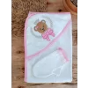Luz&Pos 0-1 Yaş Bear Nakışlı Pareolu 4lü Kız Bebek Havlu Silgi Takımı Pembe