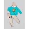 Luz&Pos 2-3-4 Yaş Pelüş Ayı Desenli Kapşonlu Uzun Kollu Penye Sweat 2li Erkek Çocuk Takımı Mint Yeşili