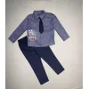 Luz&Pos 3-4-5 Yaş Kravatlı Keten Gömlek Gabardin Pantolon Uzun Kollu 3lü Erkek Çocuk Takımı Lacivert