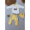 Luz&Pos 3-6 6-9 9-12 Ay Gentleman Erkek Nakışlı Şapkalı Uzun Kollu Sweat 3lü Erkek Bebek Takımı Sarı