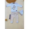 Luz&Pos 3-6 6-9 9-12 Ay Minik Dino Nakışlı Şapkalı Uzun Kollu Sweat 3lü Kız-erkek Bebek Takımı Mavi