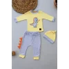 Luz&Pos 3-6 6-9 9-12 Ay Minik Dino Nakışlı Şapkalı Uzun Kollu Sweat 3lü Kız-erkek Bebek Takımı Sarı