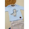 Luz&Pos 3-6 6-9 9-12 Ay Minik Dino Nakışlı Şapkalı Uzun Kollu Sweat 3lü Kız-erkek Bebek Takımı Mavi