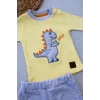 Luz&Pos 3-6 6-9 9-12 Ay Minik Dino Nakışlı Şapkalı Uzun Kollu Sweat 3lü Kız-erkek Bebek Takımı Sarı