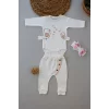 Luz&Pos 3-6 6-9 9-12 Ay Şarkıcı Kuşlar Nakışlı Bandanalı Uzun Kollu Zıbınlı 3lü Kız Bebek Takımı Ekru