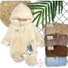 Luz&Pos 3-6-9-12 Ay Rabbit Tavşan Nakışlı Fermuar Kapamalı Patikli Tüylü Erkek Bebek Tulumu Kahverengi