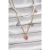 316L Çelik Gold Renk 2Li İnci Zincir Model Pembe Taşlı Kalp Figür Nazar Boncuk Detay Kadın Kolye