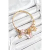 316L Çelik Pembe Zirkon Taşlı Kelebek Fiyonk Ve Kilit Model Gold Renk Charm Bileklik