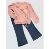 Luz&Pos 4-5-6 Yaş Kot Pantolonlu Kiraz Desenli Penye Sweat Uzun Kollu 2li Kız Çocuk Takımı Gül Kurusu