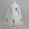 Luz&Pos 5-6-7 Yaş Kiraz Desenli Kurdela Kuşaklı Astarlı Uzun Kollu Kız Çocuk Tütü Elbise Beyaz