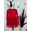 Luz&Pos 5-6-7 Yaş Kiraz Desenli Kurdela Kuşaklı Astarlı Uzun Kollu Kız Çocuk Tütü Elbise Kırmızı