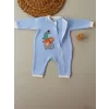 Luz&Pos 6-9 12-18 18-24 24-36 Ay Animal Nakışlı Bal Peteği Kumaş Es Fermuarlı Erkek Bebek Tulumu Mavi