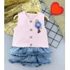 Luz&Pos 6-9-12-18 Ay Gül Rozet Detaylı Kot Kilotlu Etek Kız Bebek Elbisesi Pembe