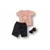 Luz&Pos 6-9 9-12 12-18 Ay Vip Kedi Baskılı Bandanalı Kısa Kollu Sweat 3lü Kız Bebek Takımı Pudra