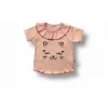 Luz&Pos 6-9 9-12 12-18 Ay Vip Kedi Baskılı Bandanalı Kısa Kollu Sweat 3lü Kız Bebek Takımı Pudra