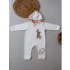 Luz&Pos 6-9 9-12 Ay Ef Çizgi Boy Fermuarlı Zürafa Nakışlı Kapşonlu Kız Erkek Bebek Tulumu Ekru