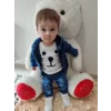Luz&Pos 9-12-18-24 Ay Kot Kumaş Kapşonlu Uzun Kol Sweatli Kot Kumaş 3lü Erkek Bebek Takımı Mavi