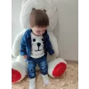 Luz&Pos 9-12-18-24 Ay Kot Kumaş Kapşonlu Uzun Kol Sweatli Kot Kumaş 3lü Erkek Bebek Takımı Mavi