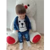 Luz&Pos 9-12-18-24 Ay Kot Kumaş Kapşonlu Uzun Kol Sweatli Kot Kumaş 3lü Erkek Bebek Takımı Mavi
