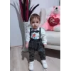 Luz&Pos 9-12-18 Ay Papyonlu Sweat Kot Pantolon 2li Erkek Bebek Salopet Takımı Gri