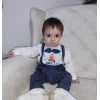 Luz&Pos 9-12-18 Ay Papyonlu Sweat Kot Pantolon 2li Erkek Bebek Salopet Takımı Lacivert