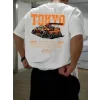 Baskılı Oversize Bisiklet Yaka T-shirt - Beyaz