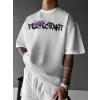 Baskılı Oversize Bisiklet Yaka T-shirt - Beyaz