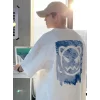 Baskılı Oversize Bisiklet Yaka T-shirt - Beyaz
