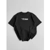 Baskılı Oversize Bisiklet Yaka T-shirt - Siyah