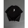 Baskılı Oversize Bisiklet Yaka T-shirt - Siyah
