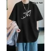 Baskılı Oversize Bisiklet Yaka T-shirt - Siyah