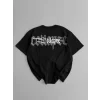 Baskılı Oversize Bisiklet Yaka T-shirt - Siyah