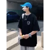 Baskılı Oversize Bisiklet Yaka T-shirt - Siyah