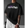 Baskılı Oversize Bisiklet Yaka T-shirt - Siyah
