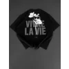 Baskılı Oversize Bisiklet Yaka T-shirt - Siyah