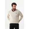 Luz&Pos Baskılı V Yaka Uzun Kol Dokuma Triko - Bej