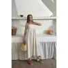 Bej Askılı Pileli Keten Elbise