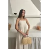 Bej Askılı Pileli Keten Elbise