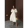 Bej Balon Kollu Dantelli Brode Elbise