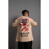 Luz&Pos Erkek Sırt Baskılı A Kalite Oversize T-shirt - Bej